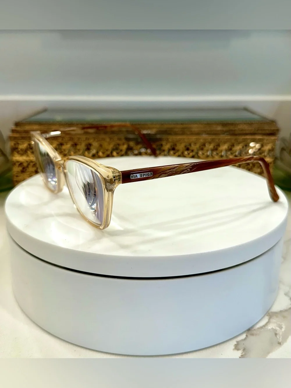 Via Spiga Dulcina Cat-Eye Champagne/Beige Crystal Rx Eyeglass Frames - VGUC